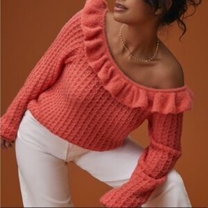 NWT Anthropologie Ruffled Knit Boatneck Sweater in Pink